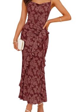 Amazon Floral Jacquard Ruffle Maxi Dress in Dusty Rose